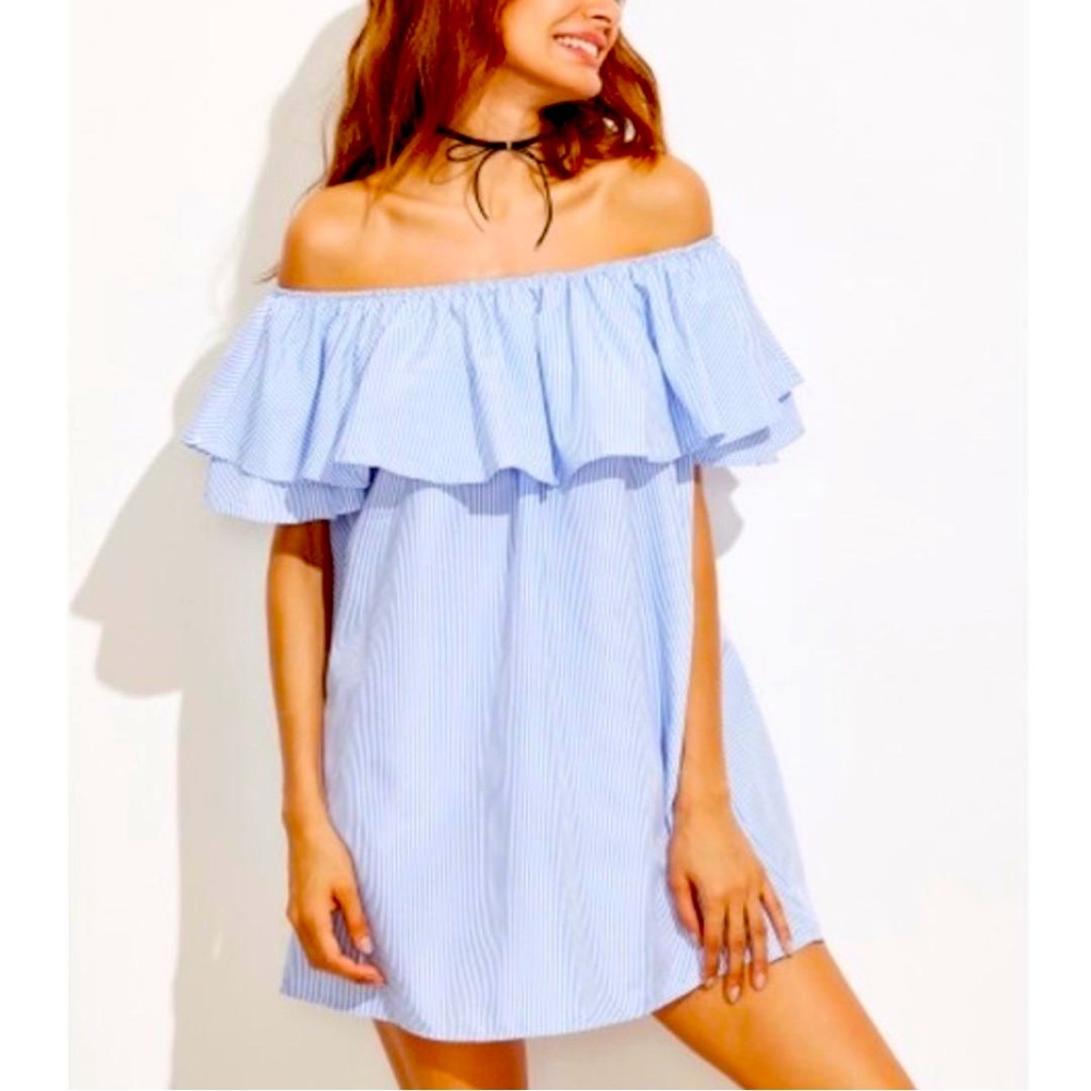 Zara Women’s Striped Off the Shoulder Blue Cotton Summer Dress Size Medium